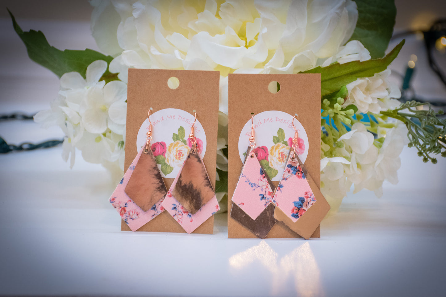 Faux Leather Earring Pink Floral & Solid Pink Diamond Design