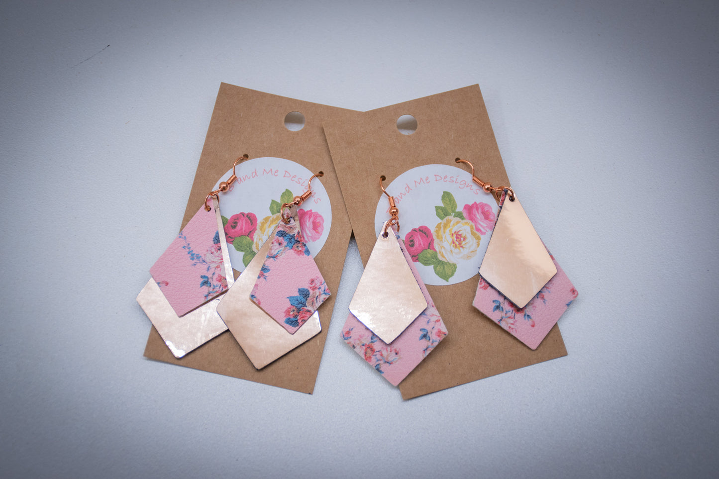 Faux Leather Earring Pink Floral & Solid Pink Diamond Design