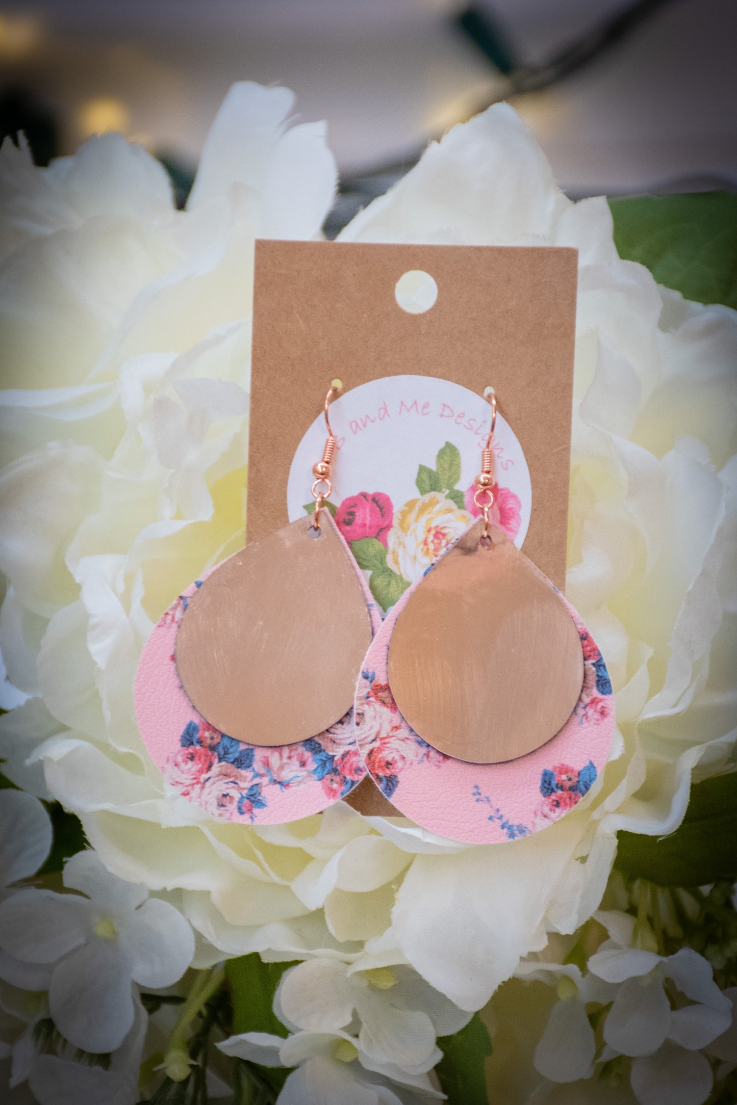 Faux Leather Earring Pink Floral & Solid Pink Teardrop Design