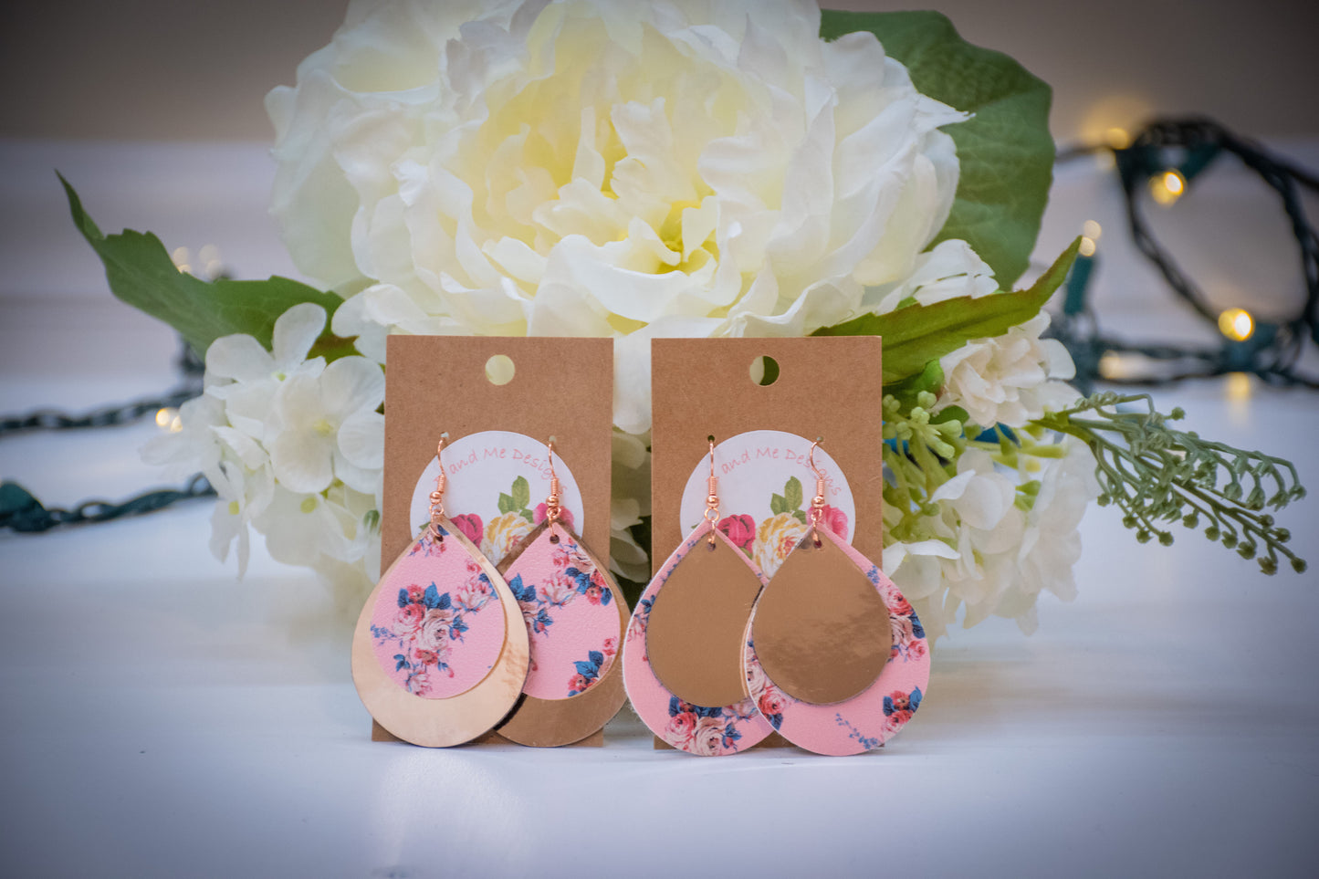 Faux Leather Earring Pink Floral & Solid Pink Teardrop Design