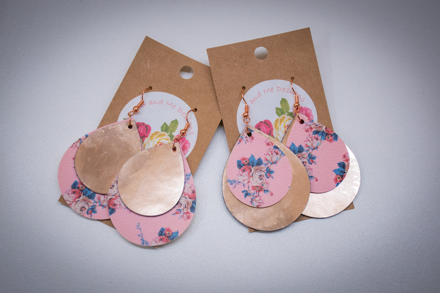 Faux Leather Earring Pink Floral & Solid Pink Teardrop Design