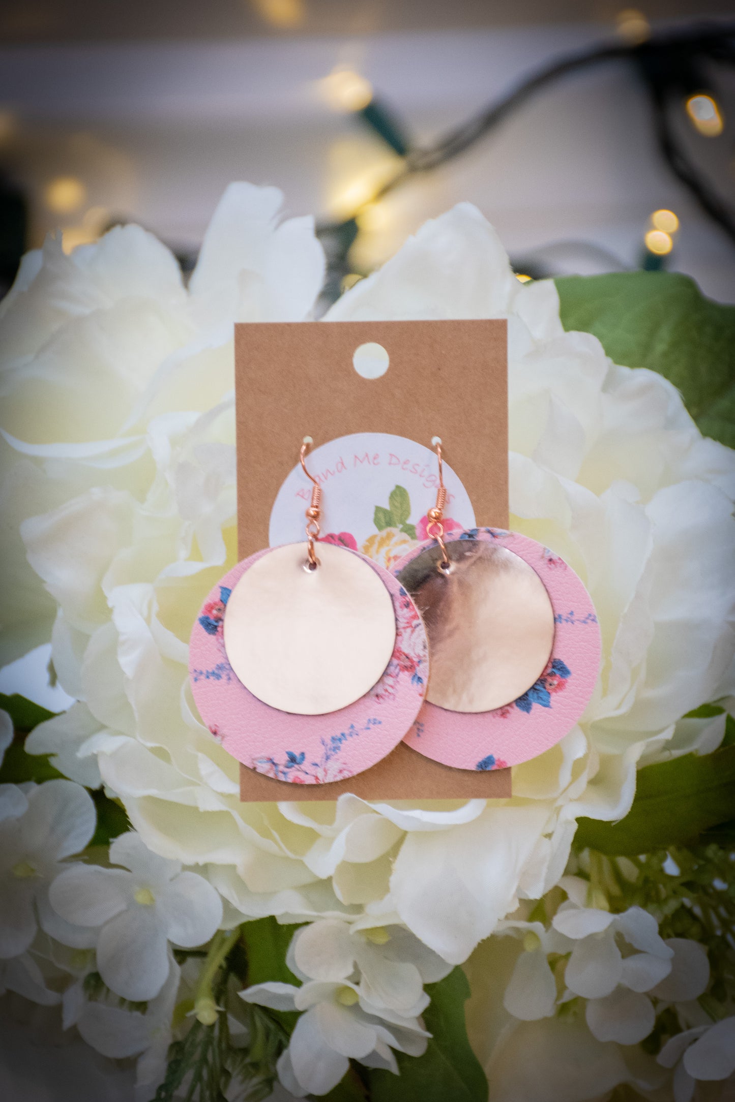 Faux Leather Earring Pink Floral & Solid Pink Circle Design