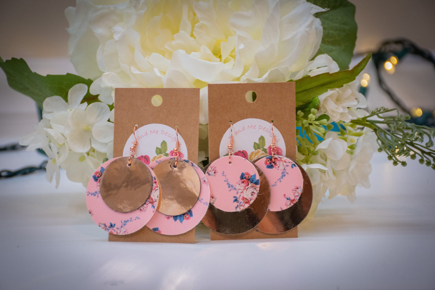 Faux Leather Earring Pink Floral & Solid Pink Circle Design