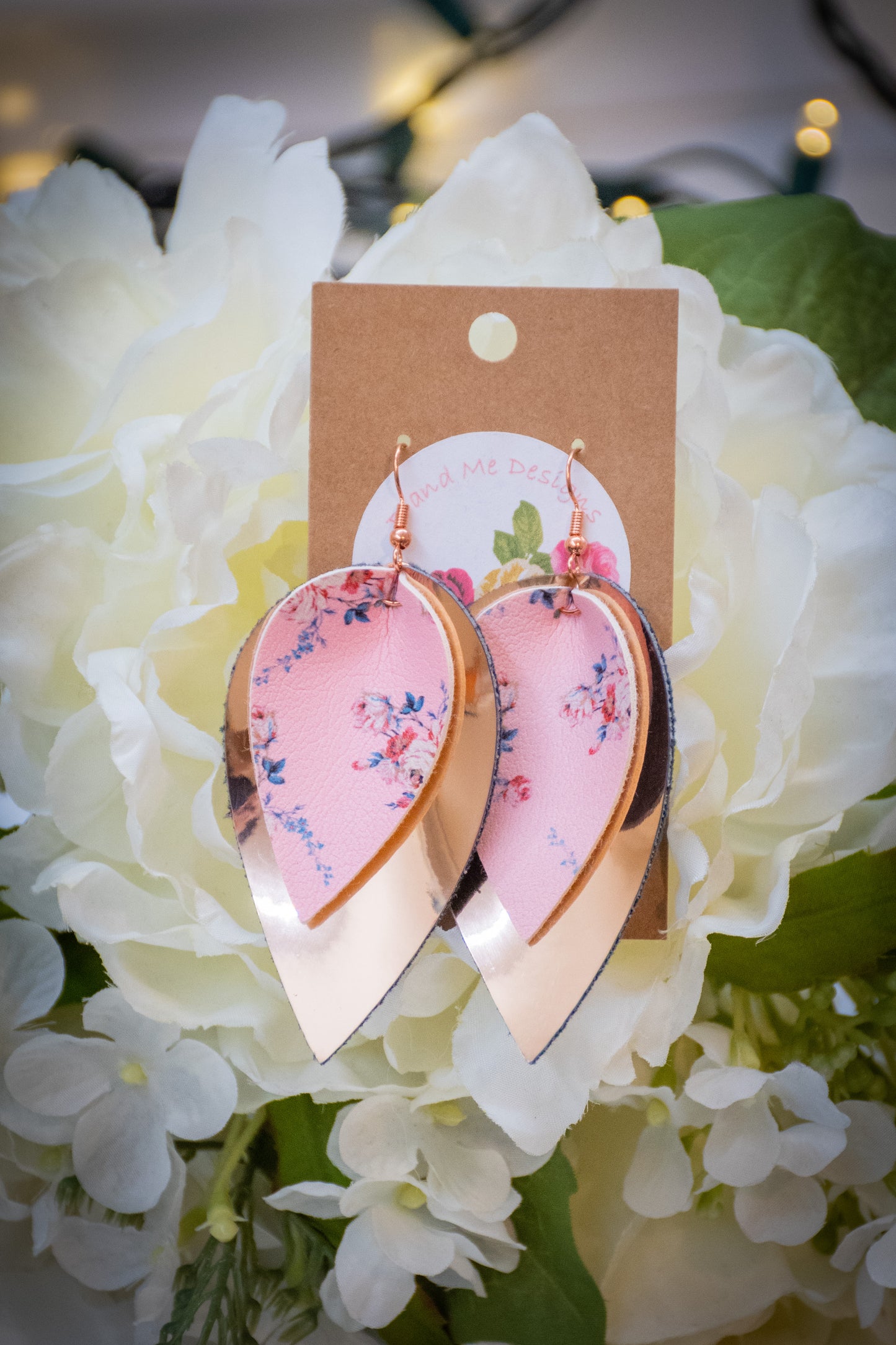 Faux Leather Earring Pink Floral & Solid Pink Petal Design