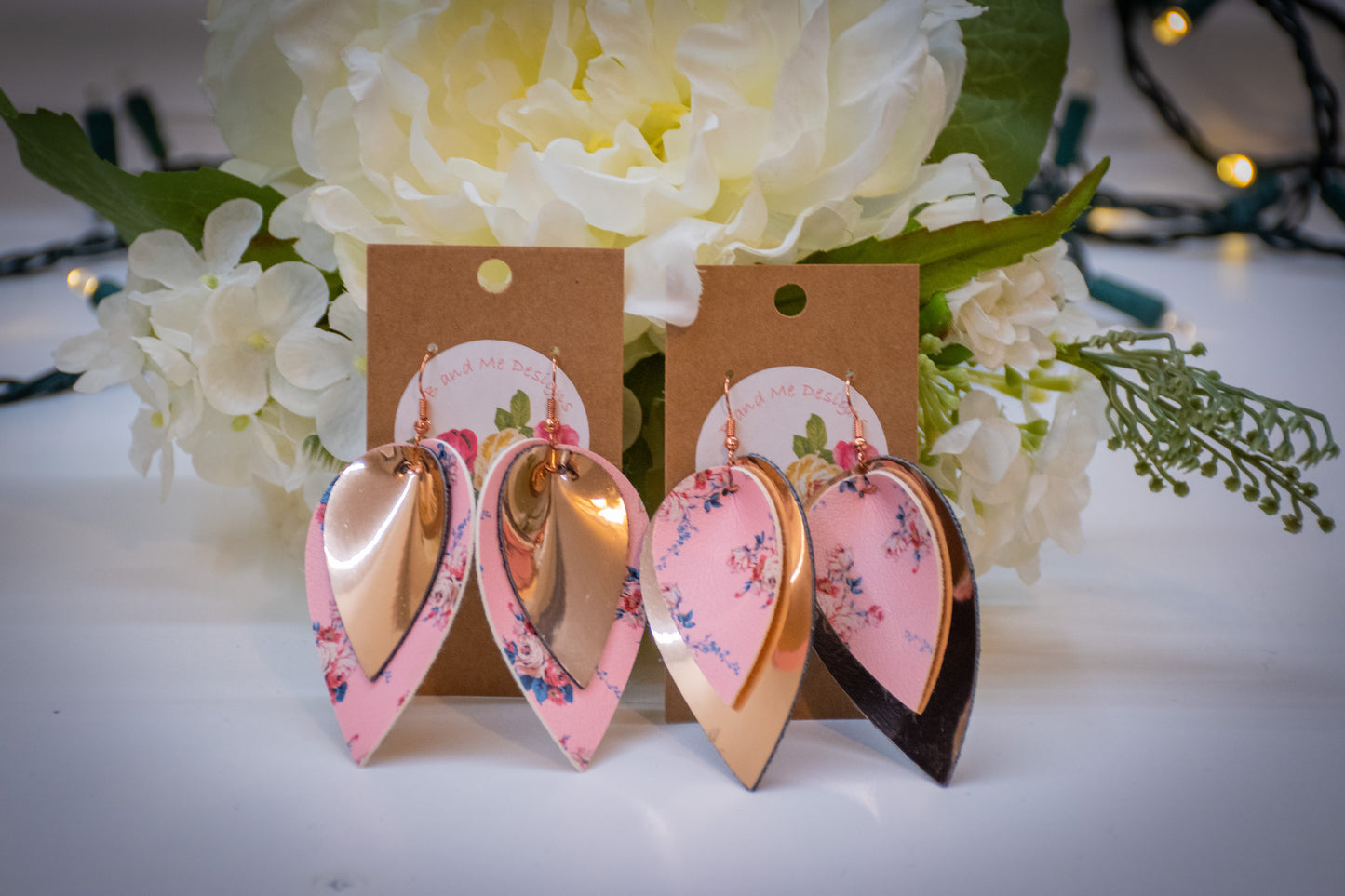 Faux Leather Earring Pink Floral & Solid Pink Petal Design
