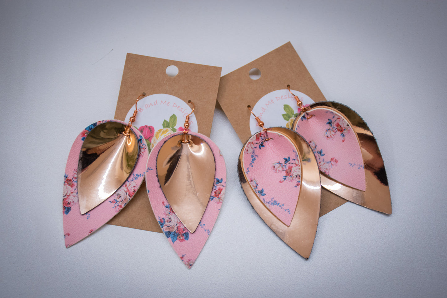 Faux Leather Earring Pink Floral & Solid Pink Petal Design