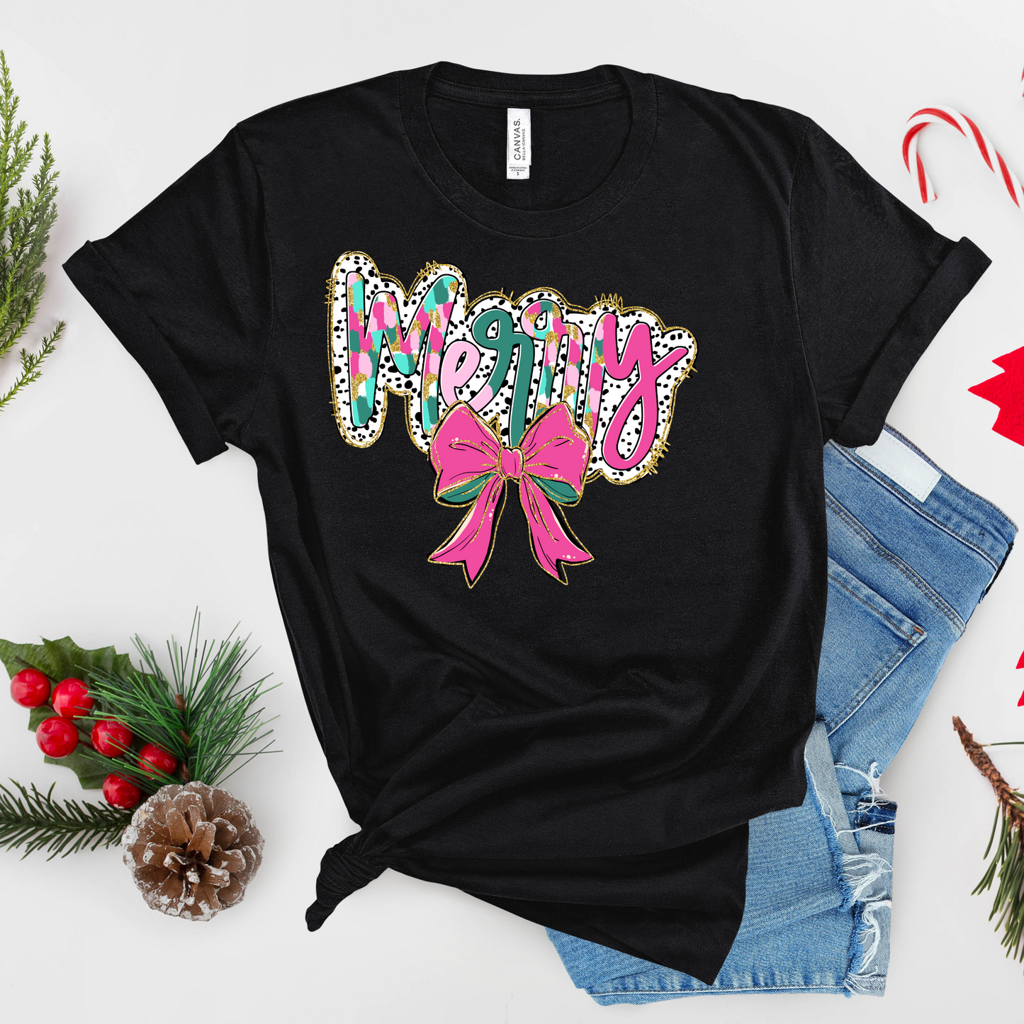 Merry Glitter Bow T-Shirt – Pink & Green Christmas Graphic Tee