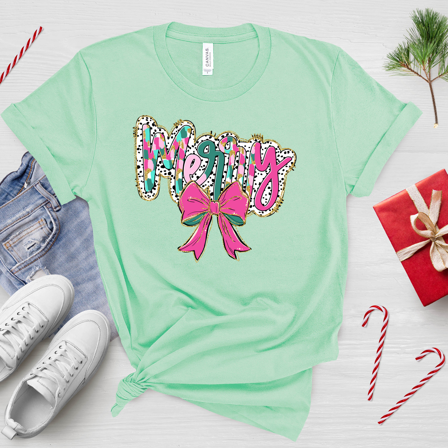 Merry Glitter Bow T-Shirt – Pink & Green Christmas Graphic Tee