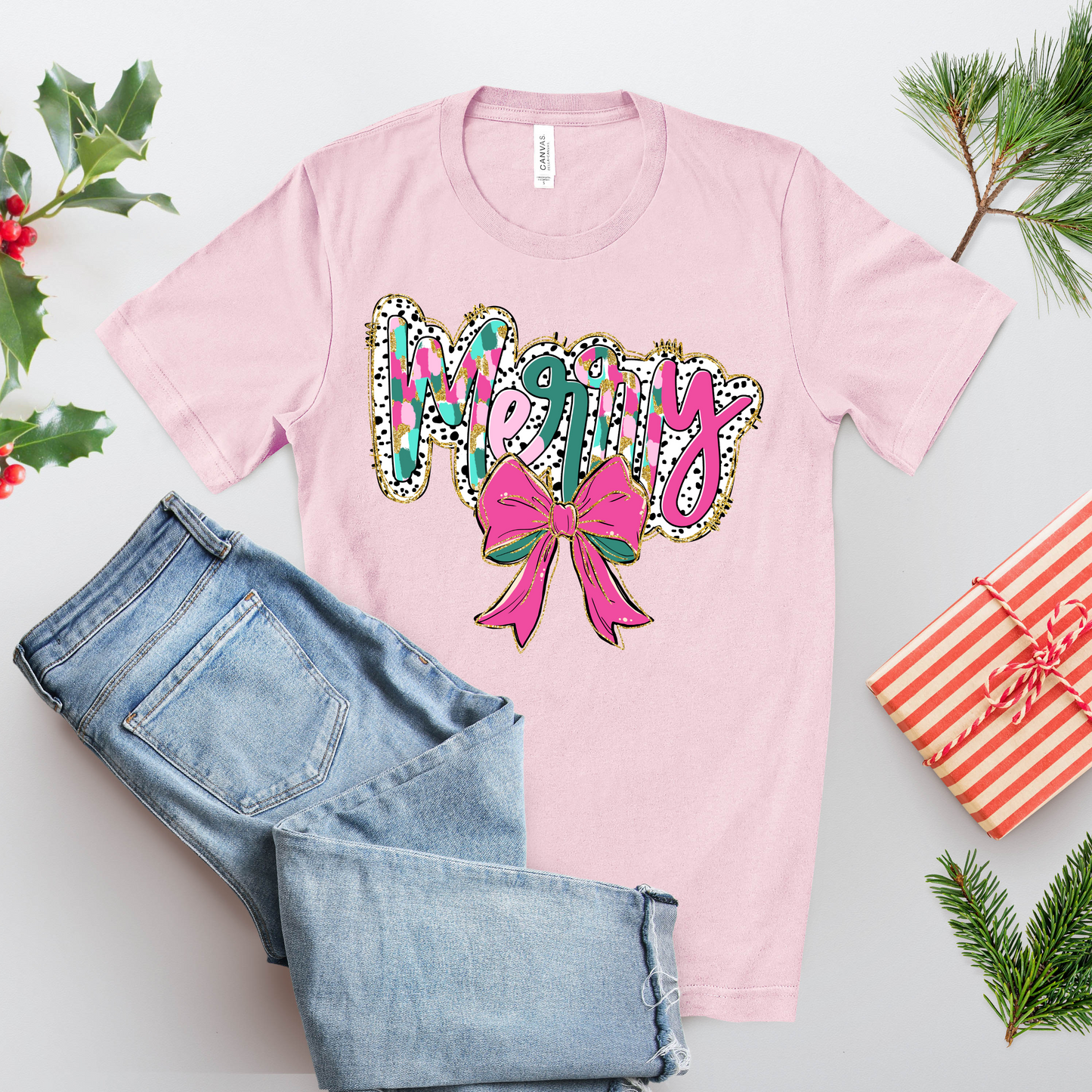 Merry Glitter Bow T-Shirt – Pink & Green Christmas Graphic Tee
