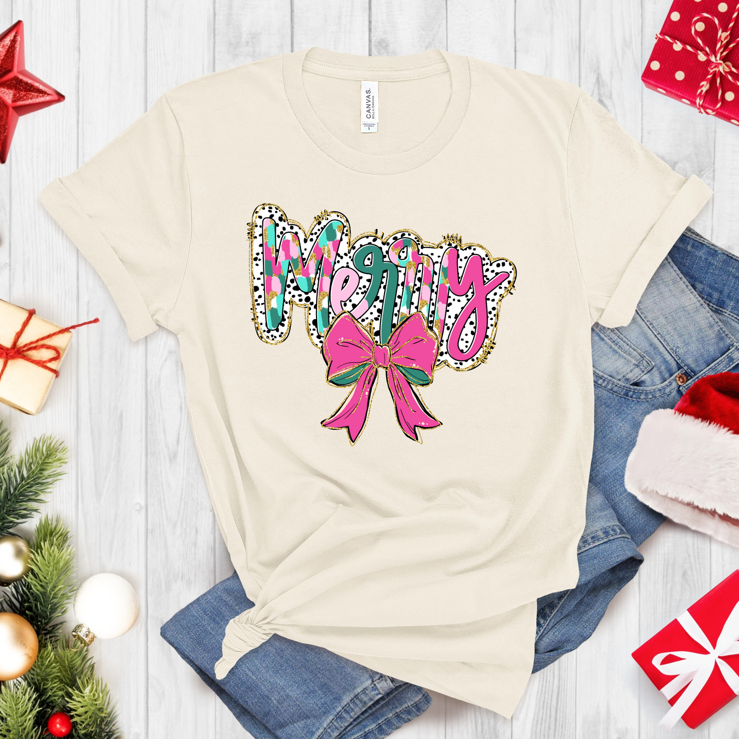 Merry Glitter Bow T-Shirt – Pink & Green Christmas Graphic Tee