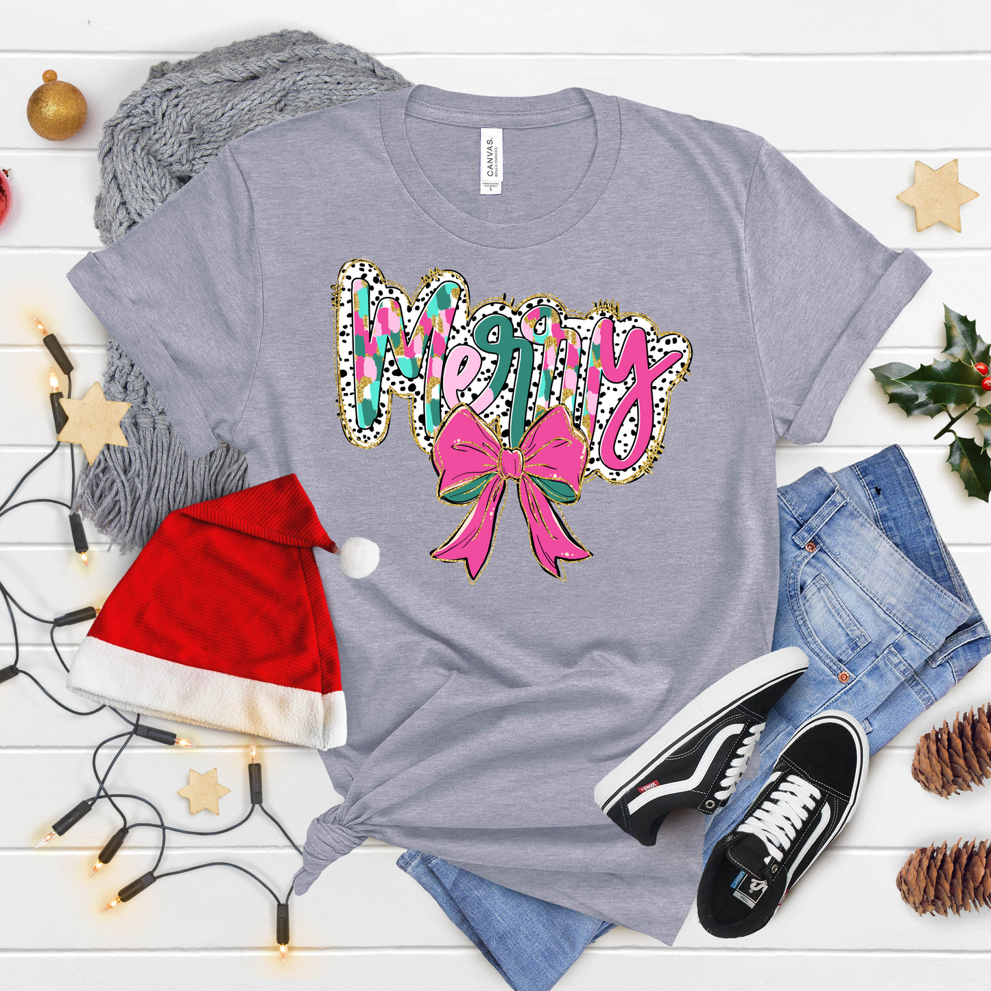 Merry Glitter Bow T-Shirt – Pink & Green Christmas Graphic Tee
