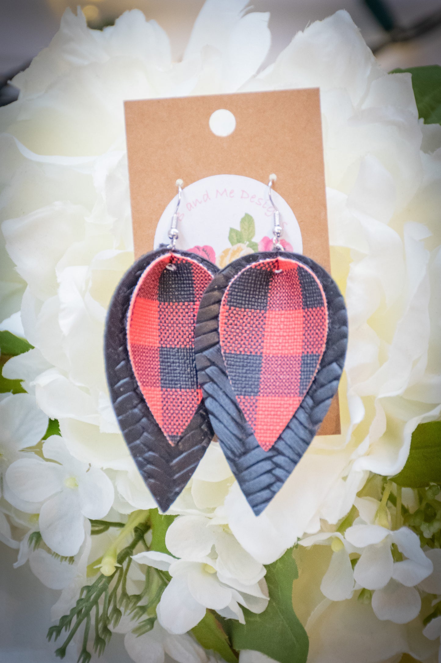 Faux Leather Earring Red Buffalo & Black Cross Hatch Pattern Petal Design