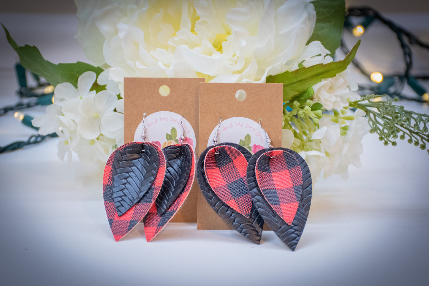 Faux Leather Earring Red Buffalo & Black Cross Hatch Pattern Petal Design