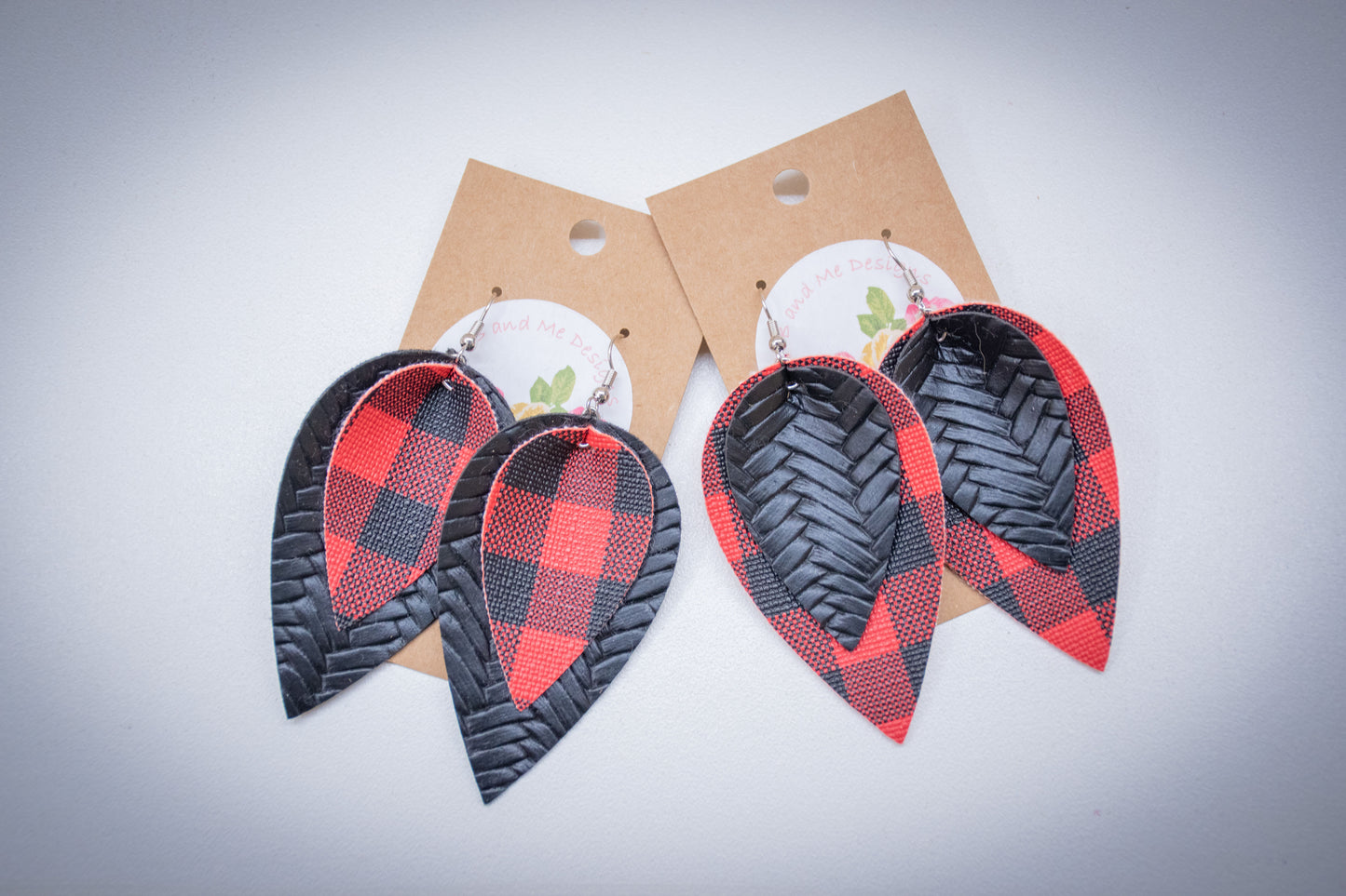 Faux Leather Earring Red Buffalo & Black Cross Hatch Pattern Petal Design