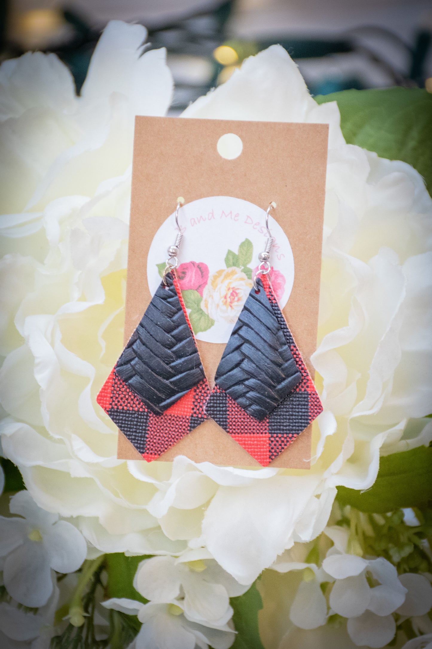 Faux Leather Earring Red Buffalo & Black Cross Hatch Pattern Diamond Design
