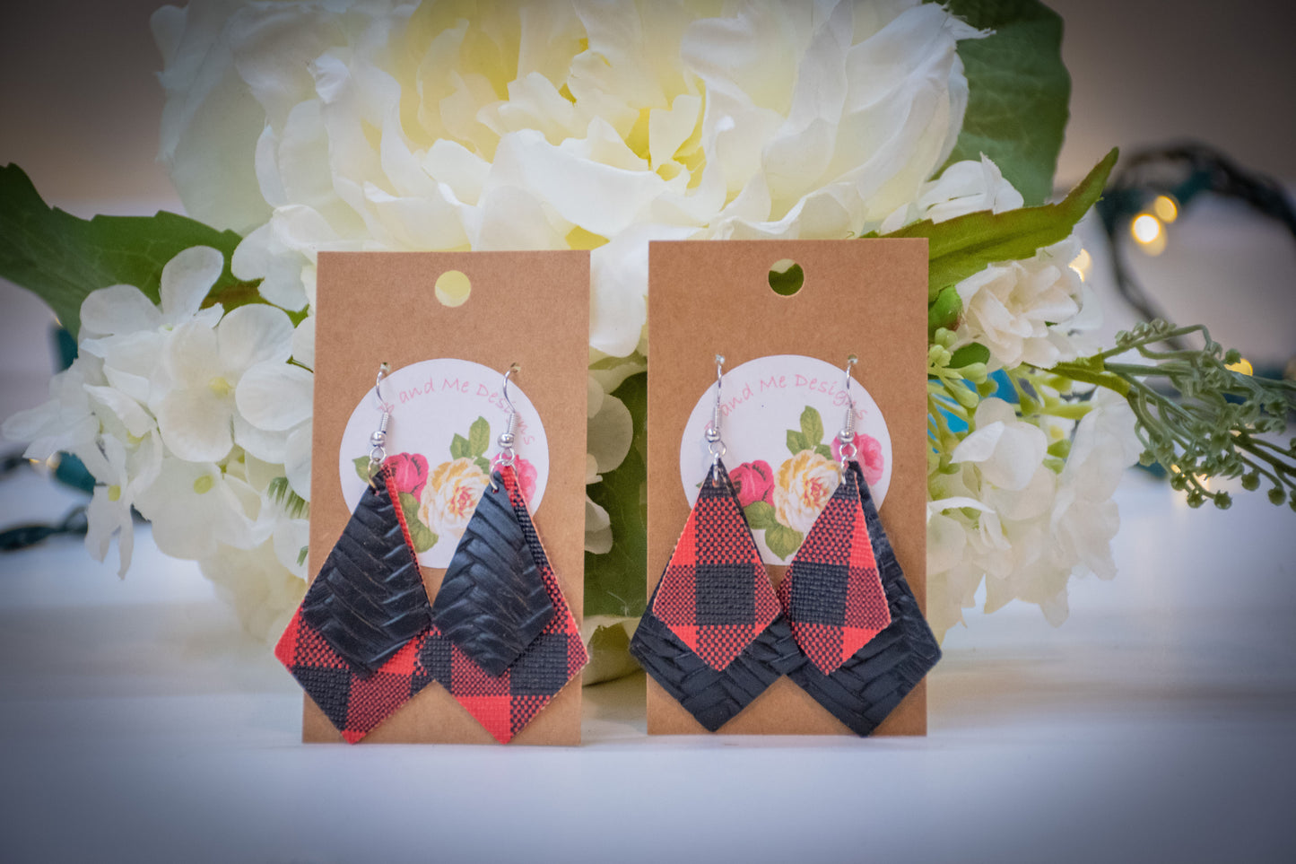 Faux Leather Earring Red Buffalo & Black Cross Hatch Pattern Diamond Design