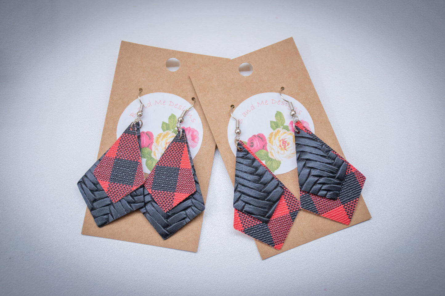 Faux Leather Earring Red Buffalo & Black Cross Hatch Pattern Diamond Design