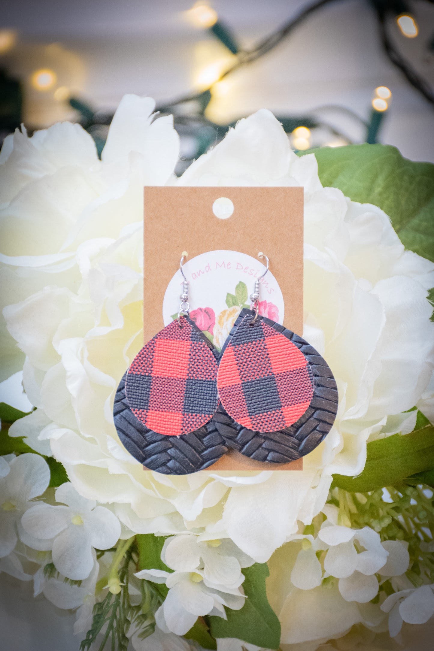 Faux Leather Earring Red Buffalo & Black Cross Hatch Pattern Teardrop Design