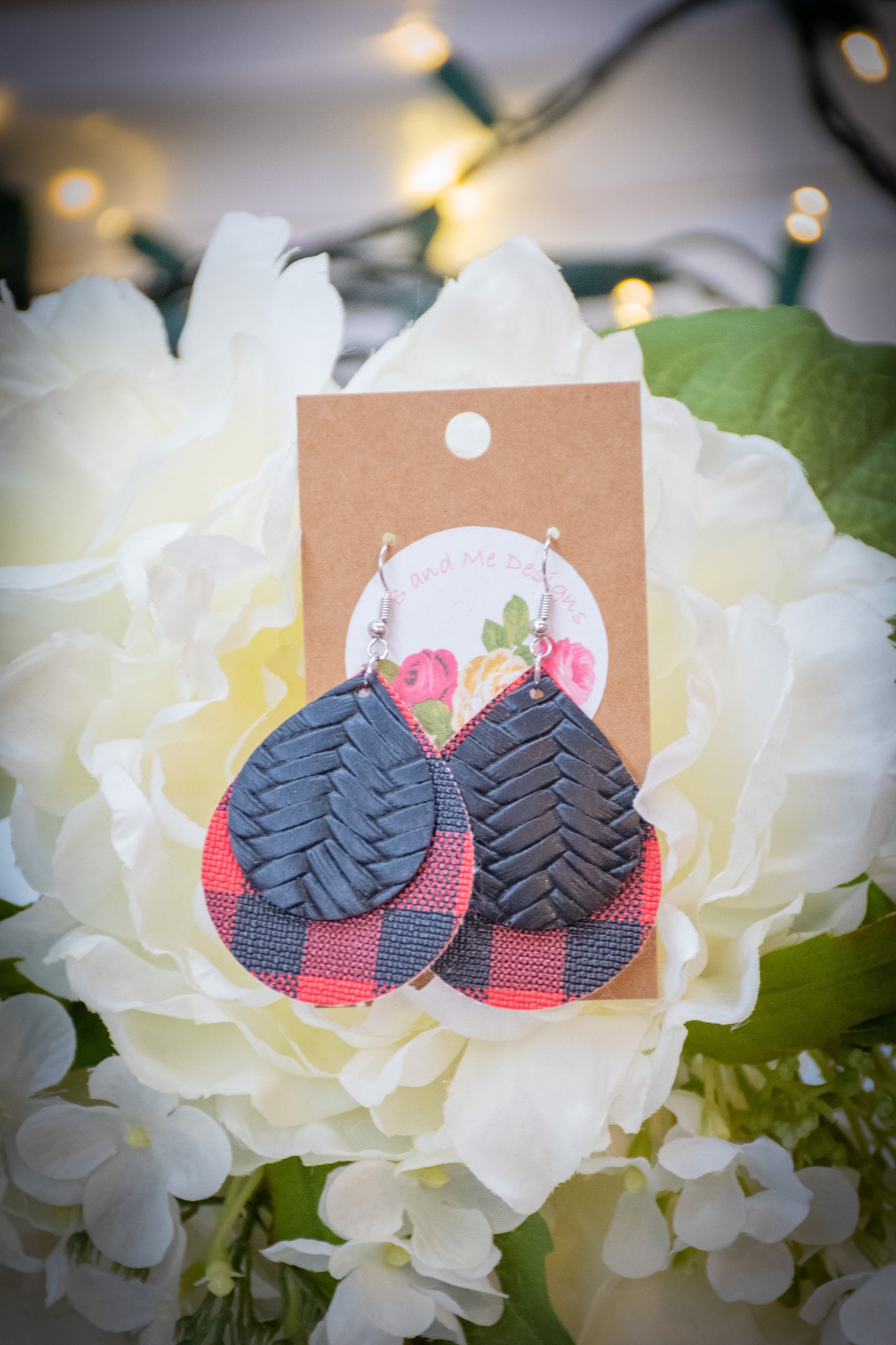 Faux Leather Earring Red Buffalo & Black Cross Hatch Pattern Teardrop Design