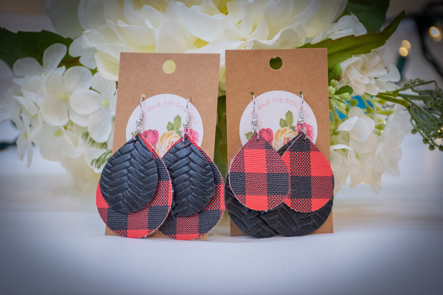 Faux Leather Earring Red Buffalo & Black Cross Hatch Pattern Teardrop Design