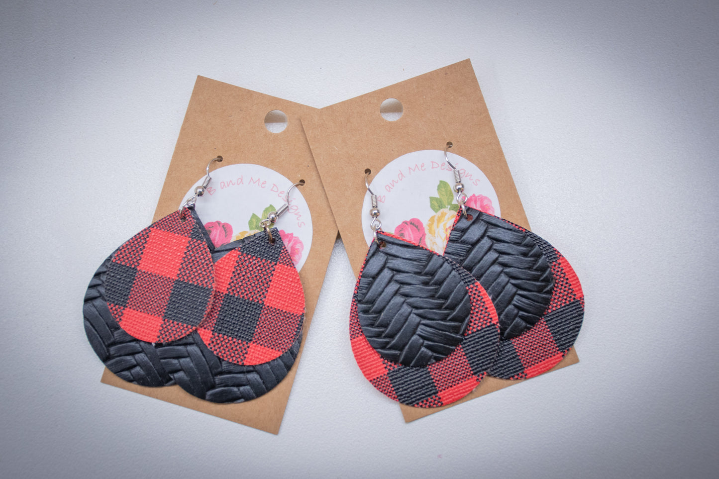Faux Leather Earring Red Buffalo & Black Cross Hatch Pattern Teardrop Design