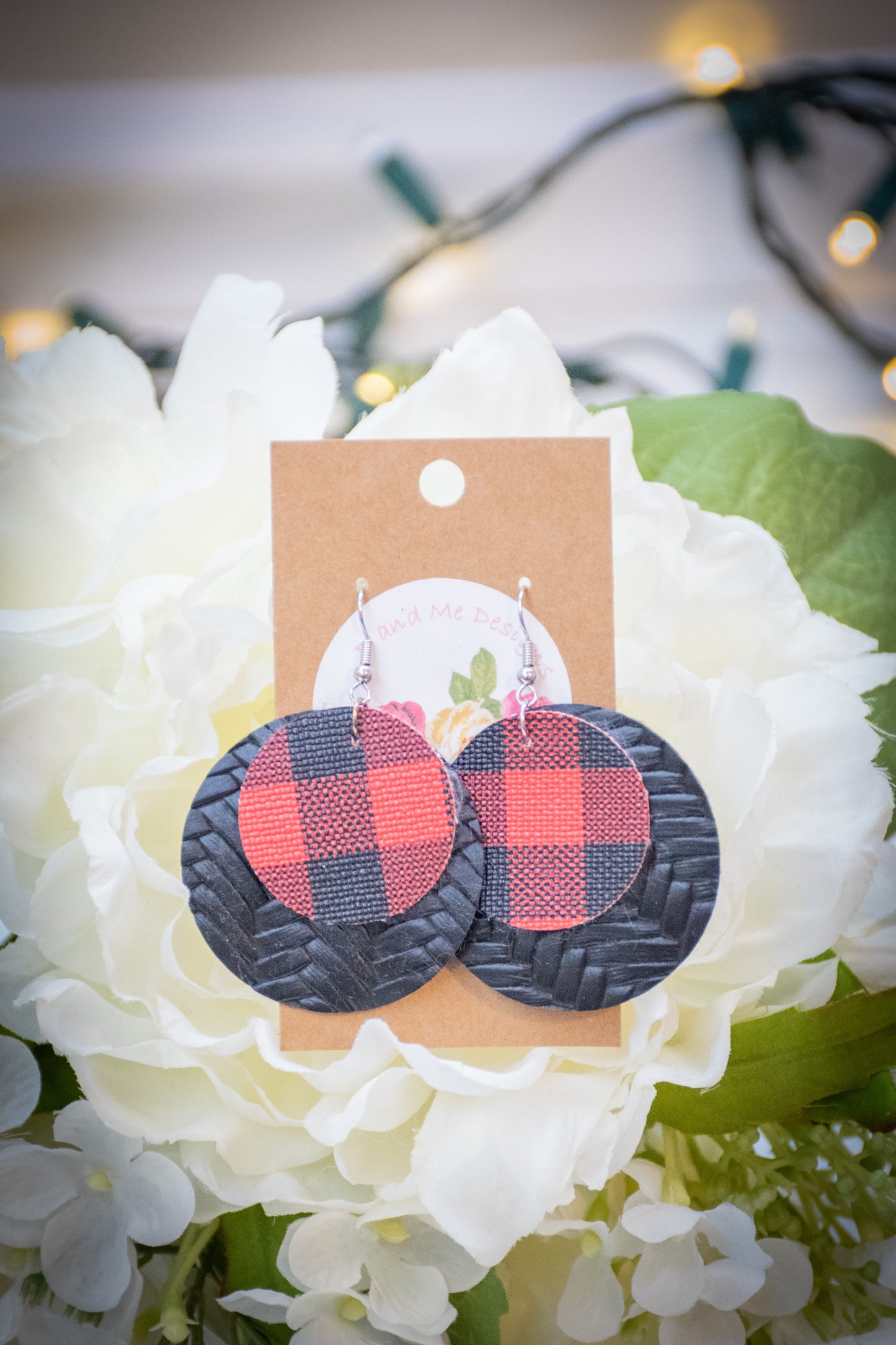 Faux Leather Earring Red Buffalo & Black Cross Hatch Pattern Circle Design