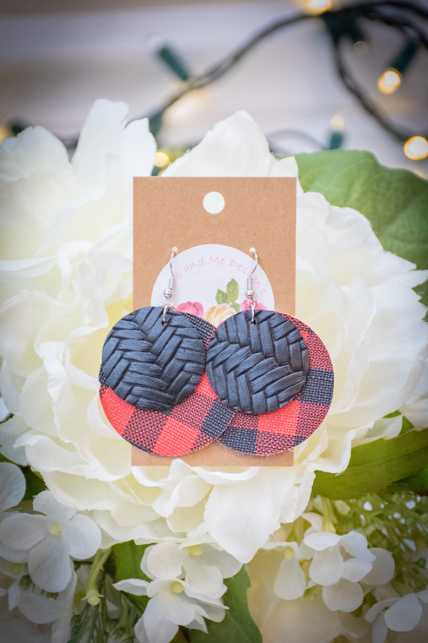 Faux Leather Earring Red Buffalo & Black Cross Hatch Pattern Circle Design