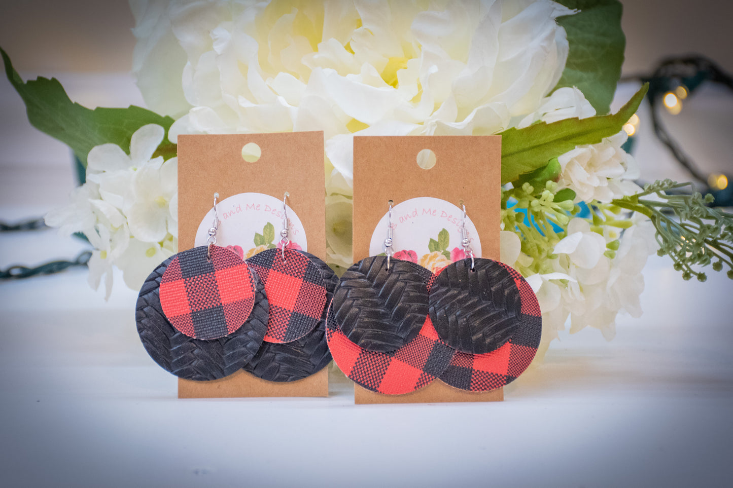 Faux Leather Earring Red Buffalo & Black Cross Hatch Pattern Circle Design
