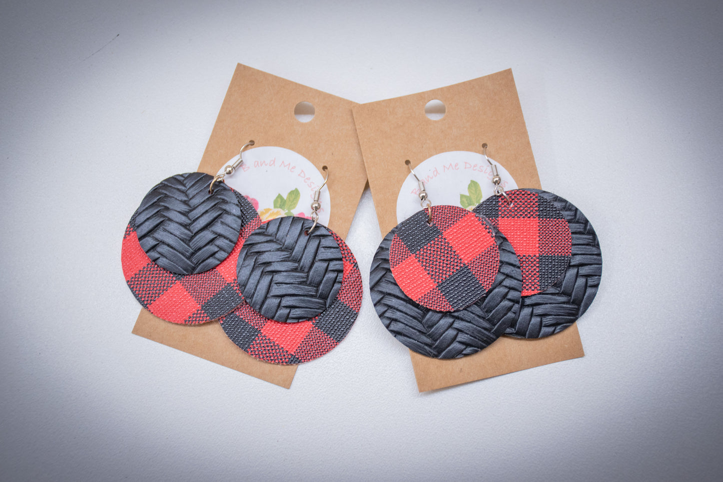 Faux Leather Earring Red Buffalo & Black Cross Hatch Pattern Circle Design
