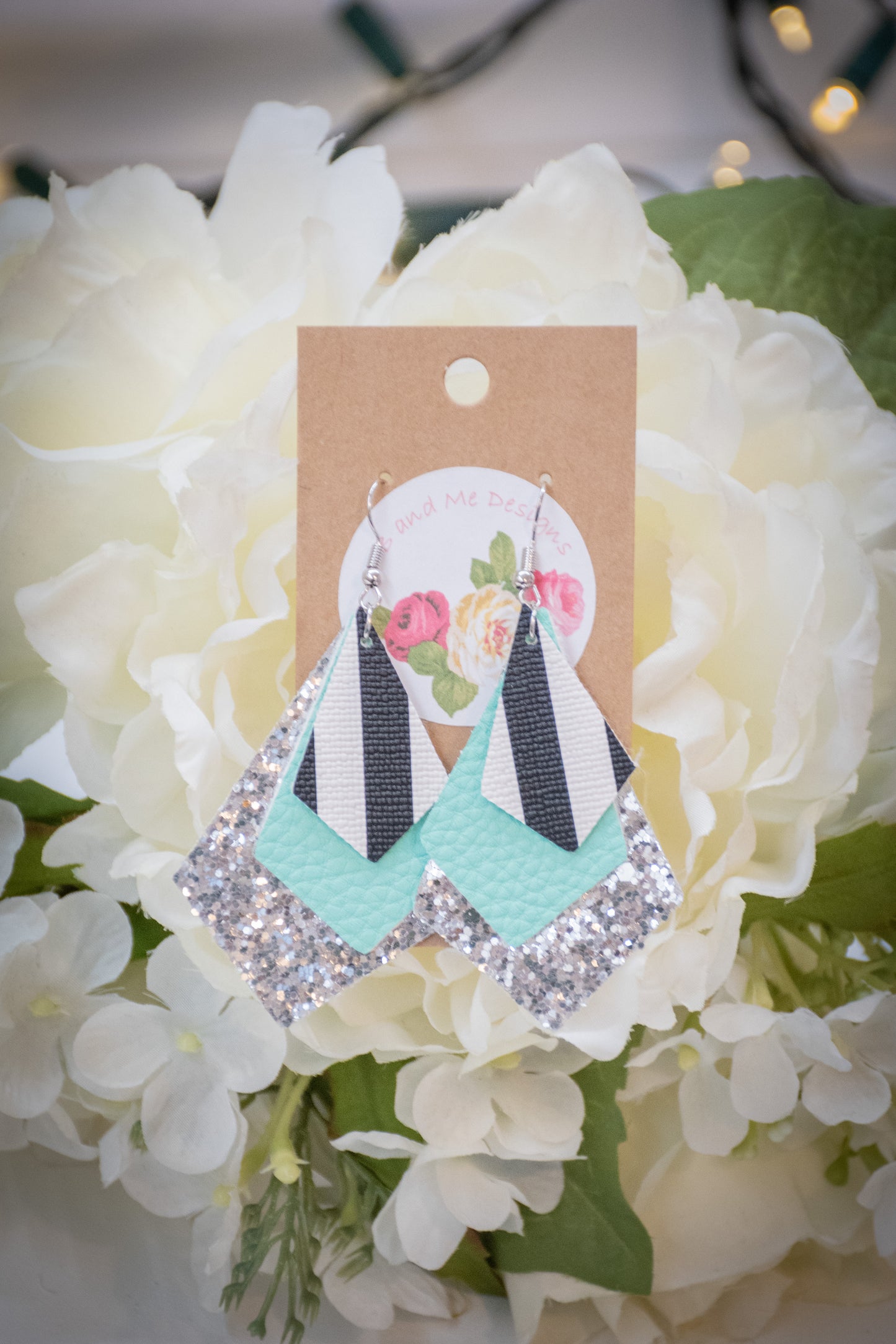 Faux Leather Earring Silver Glitter, Black/White Stripe & Teal Diamond Design