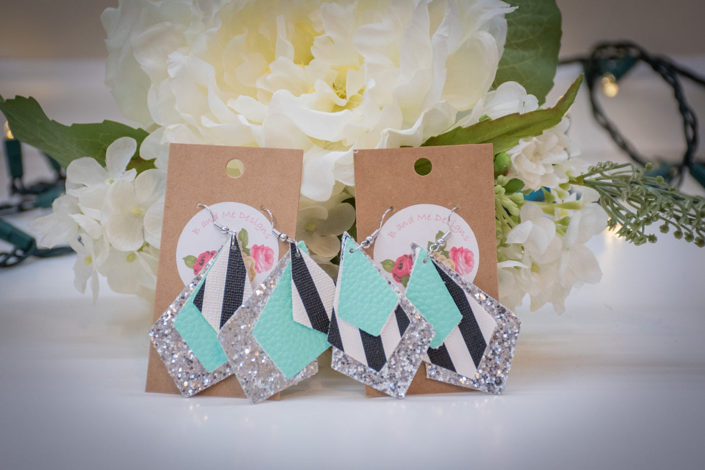 Faux Leather Earring Silver Glitter, Black/White Stripe & Teal Diamond Design