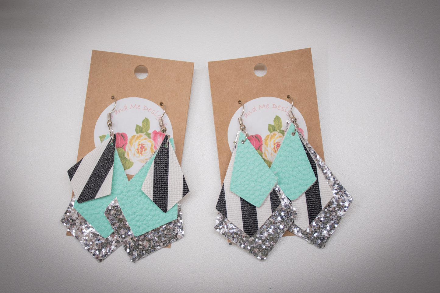 Faux Leather Earring Silver Glitter, Black/White Stripe & Teal Diamond Design