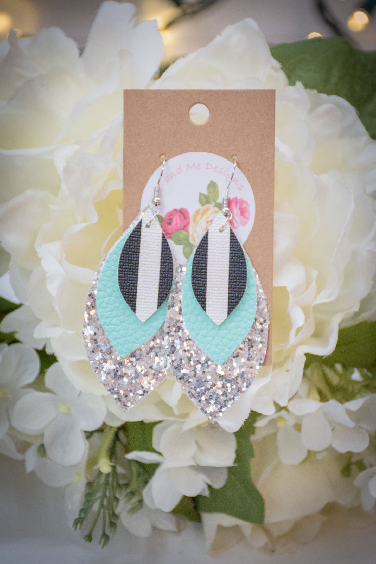 Faux Leather Earring Silver Glitter, Black/White Stripe & Teal Leaf Design