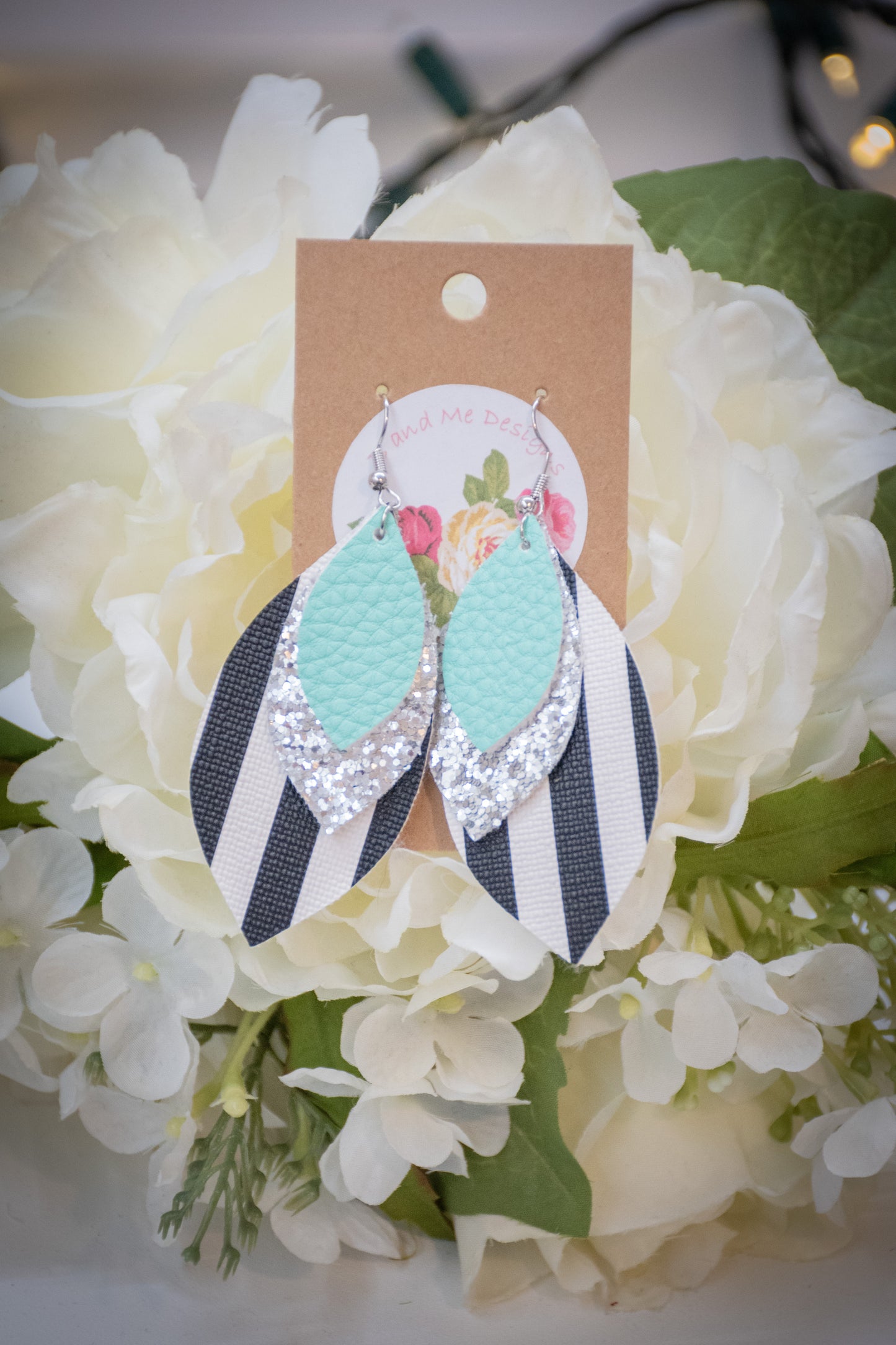 Faux Leather Earring Silver Glitter, Black/White Stripe & Teal Leaf Design