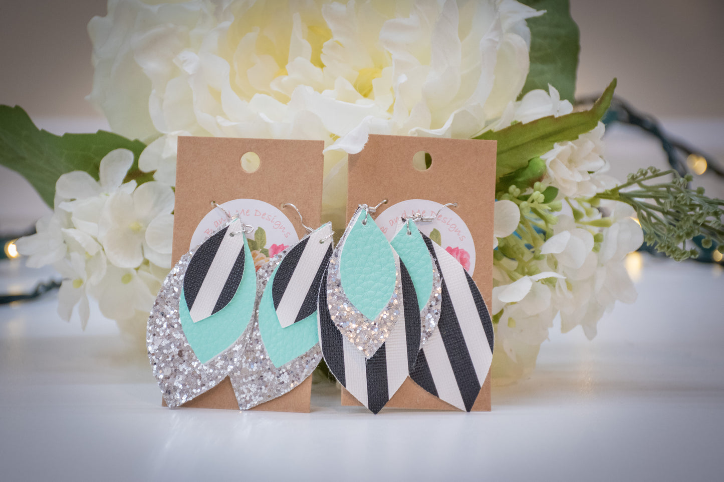 Faux Leather Earring Silver Glitter, Black/White Stripe & Teal Leaf Design