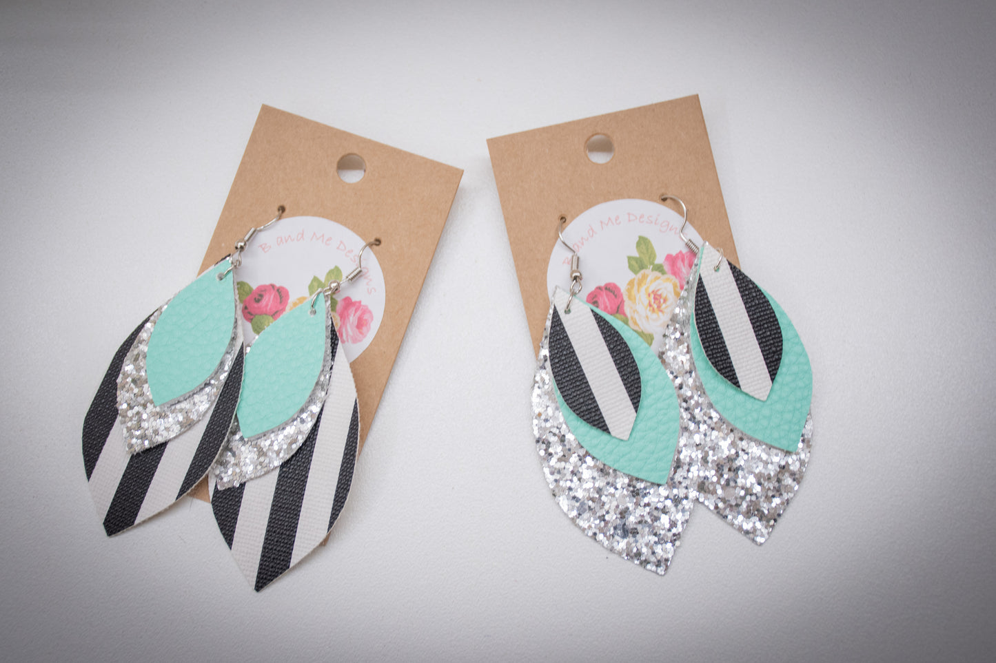Faux Leather Earring Silver Glitter, Black/White Stripe & Teal Leaf Design