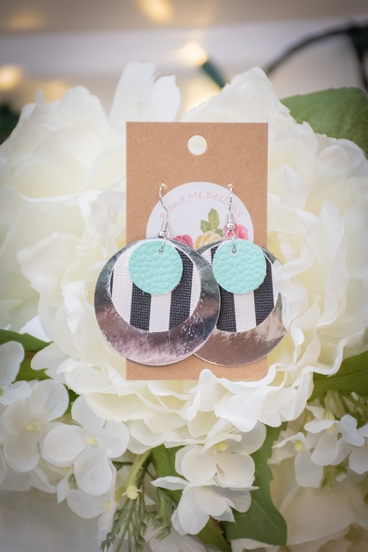 Faux Leather Earring Silver Glitter, Black/White Stripe & Teal Circle Design
