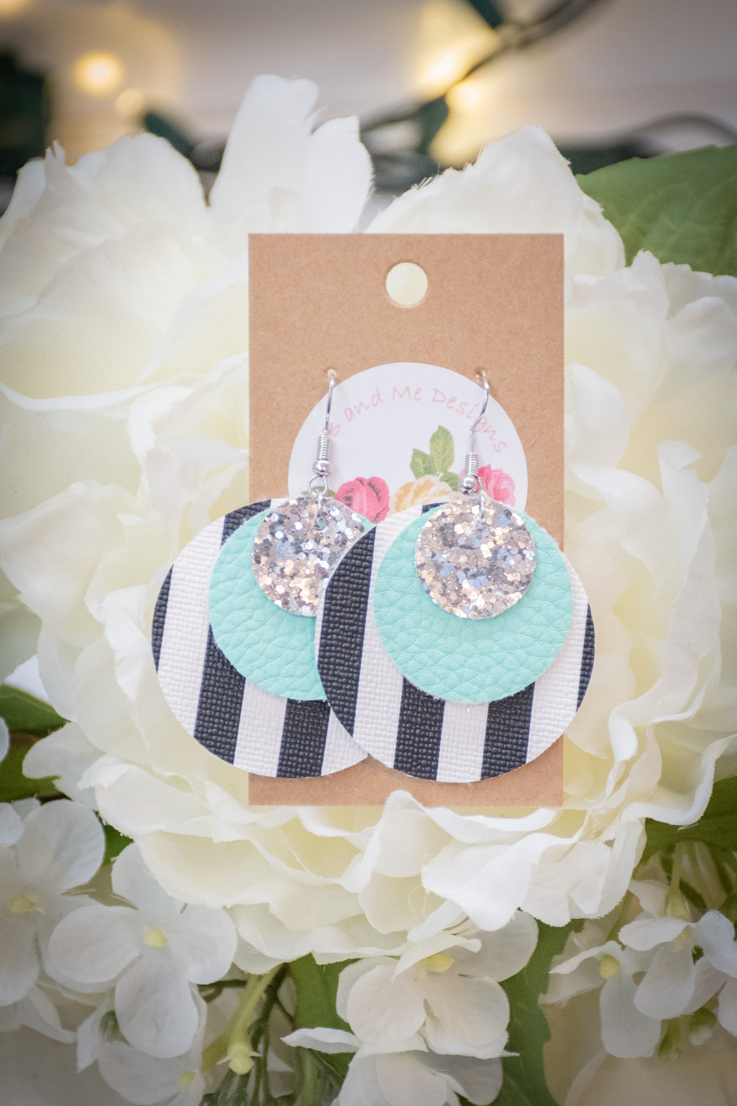 Faux Leather Earring Silver Glitter, Black/White Stripe & Teal Circle Design