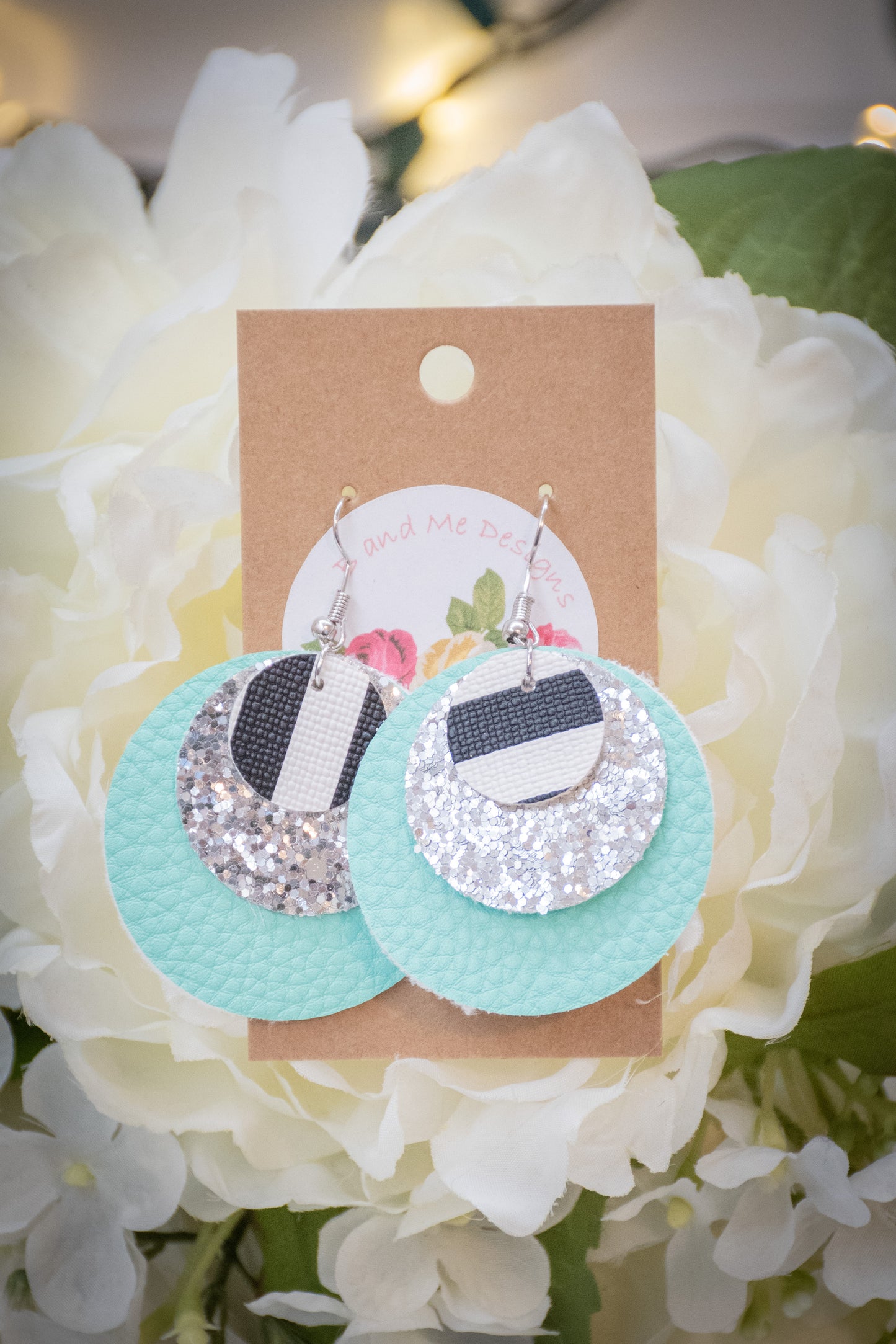 Faux Leather Earring Silver Glitter, Black/White Stripe & Teal Circle Design