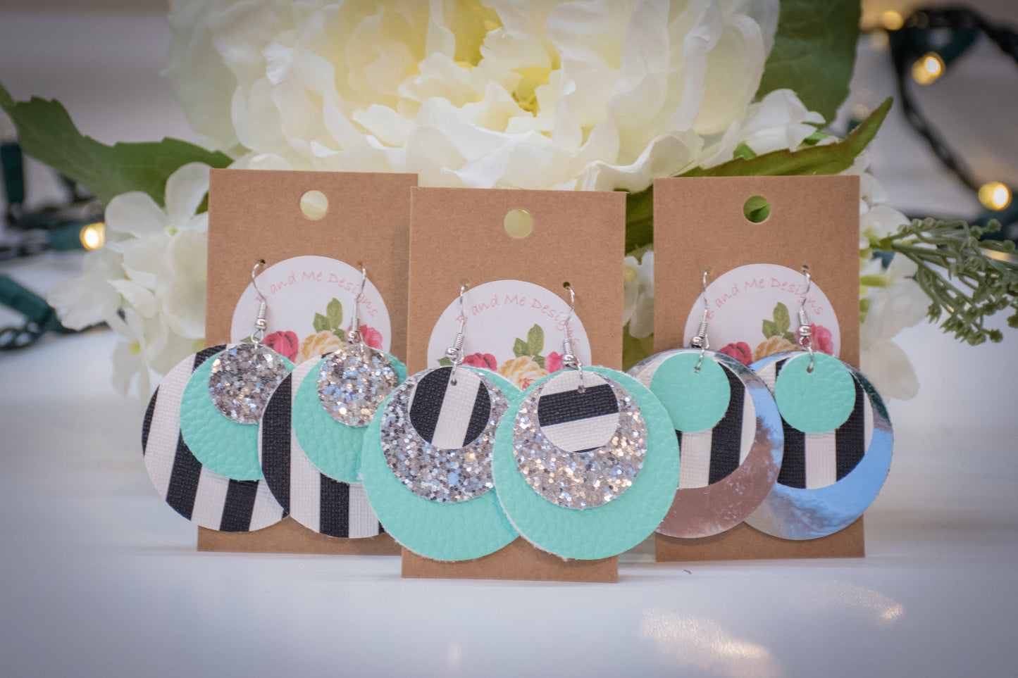 Faux Leather Earring Silver Glitter, Black/White Stripe & Teal Circle Design