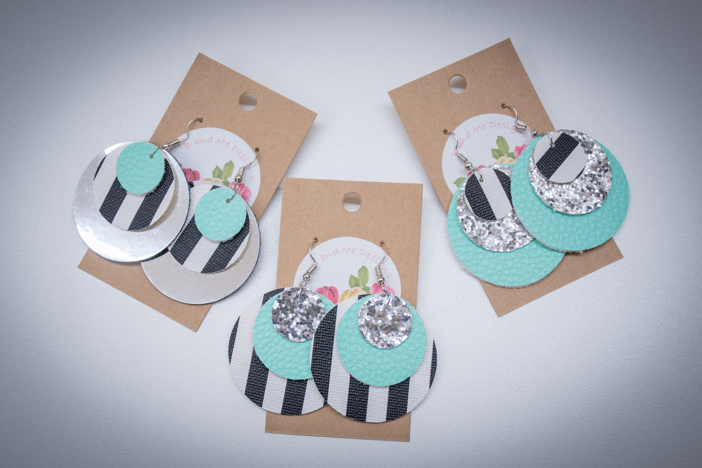 Faux Leather Earring Silver Glitter, Black/White Stripe & Teal Circle Design