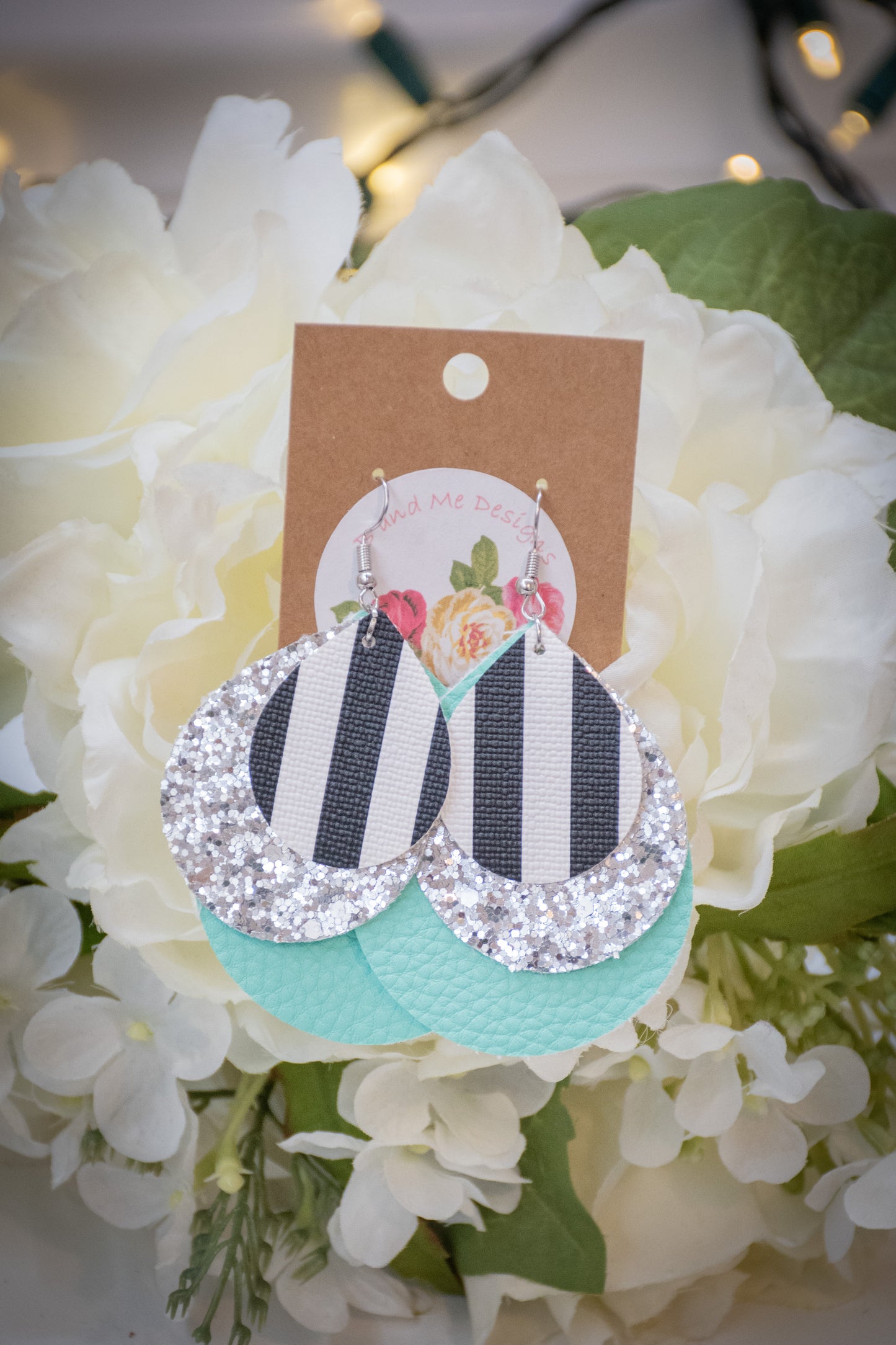 Faux Leather Earring Silver Glitter, Black/White Stripe & Teal Teardrop Design
