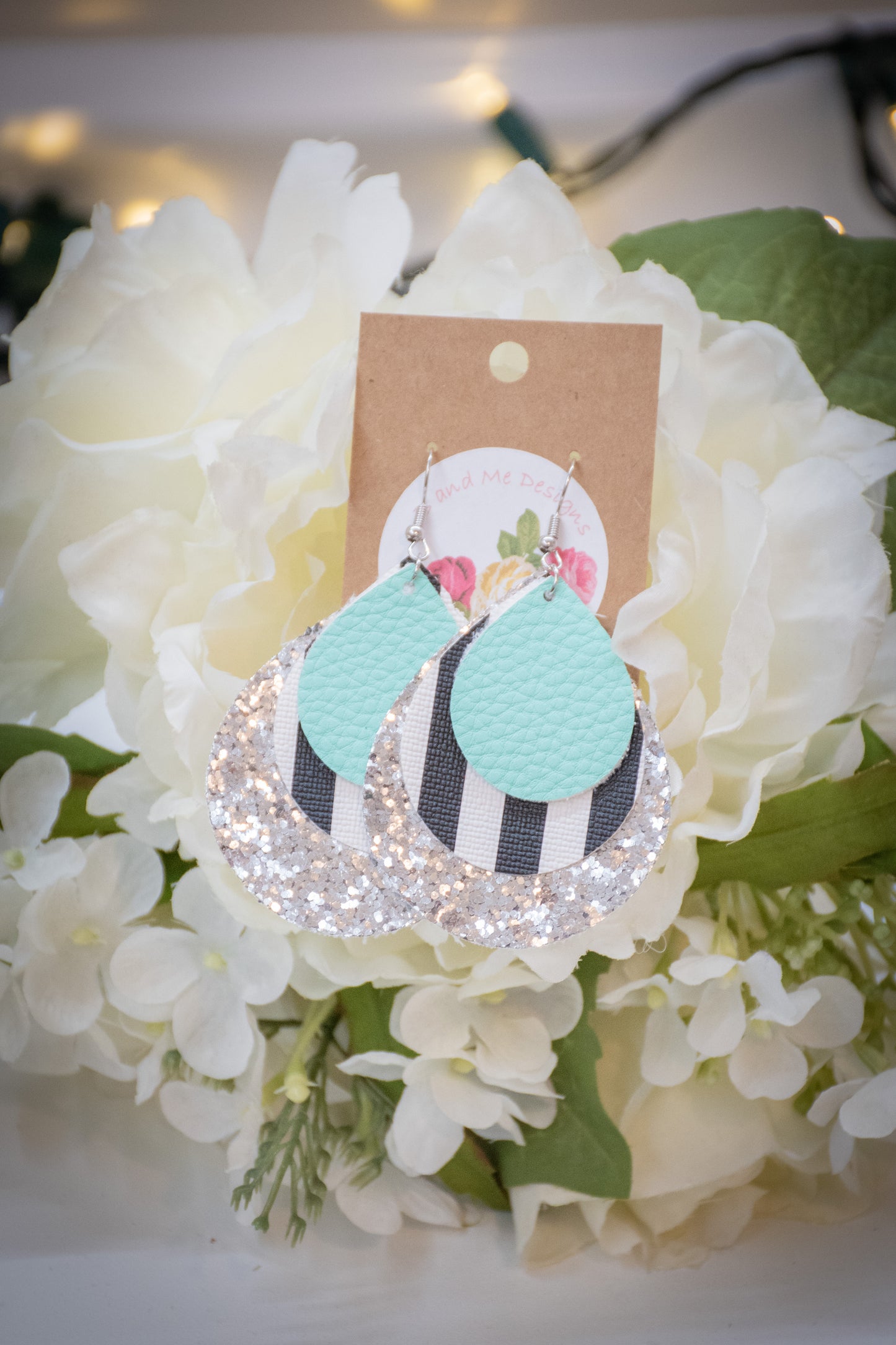 Faux Leather Earring Silver Glitter, Black/White Stripe & Teal Teardrop Design
