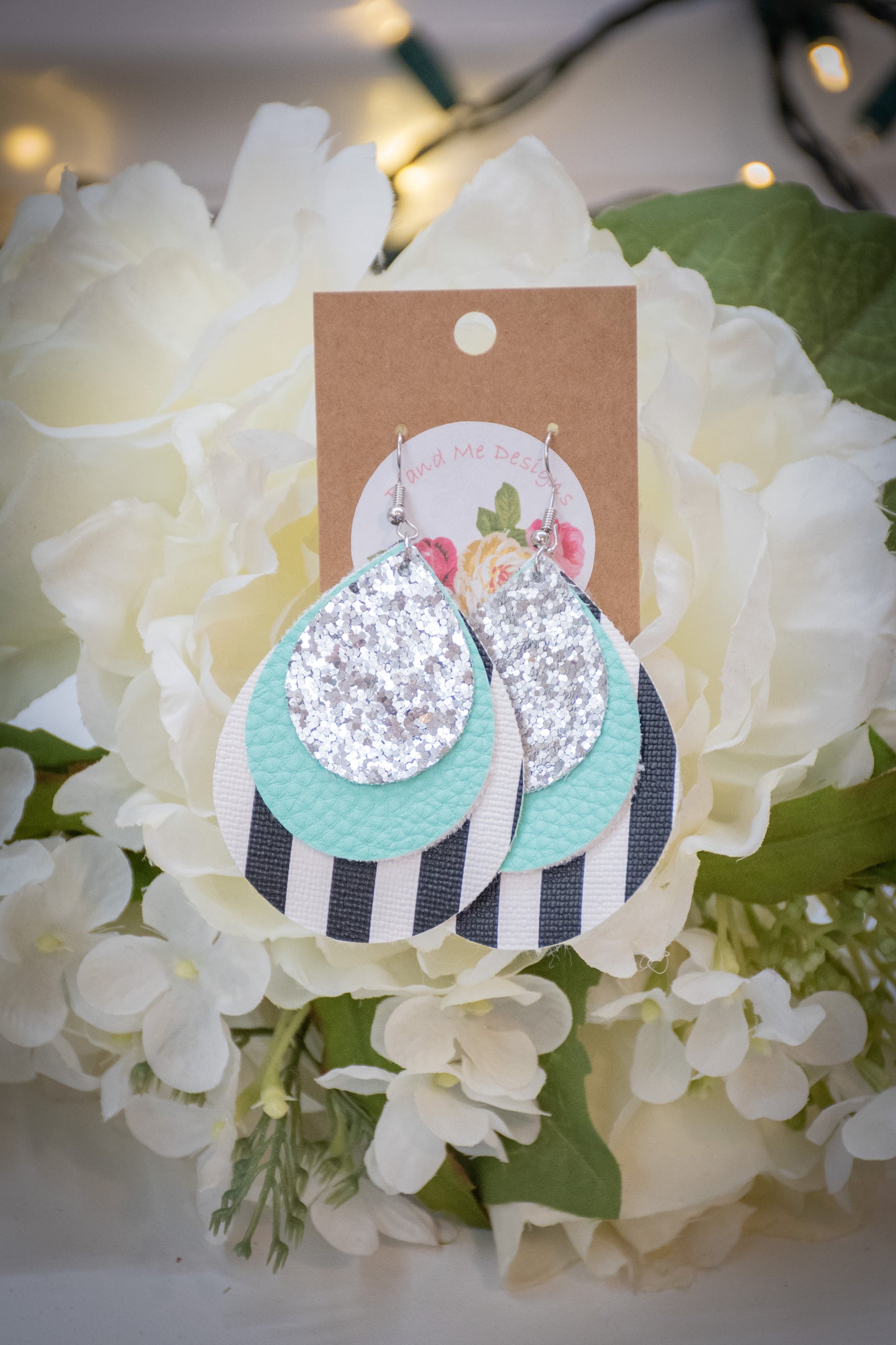 Faux Leather Earring Silver Glitter, Black/White Stripe & Teal Teardrop Design