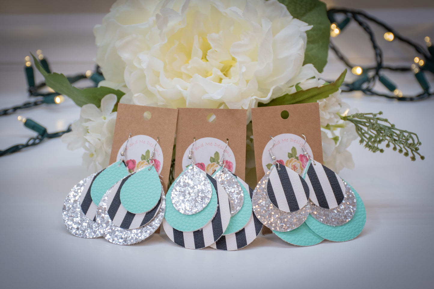 Faux Leather Earring Silver Glitter, Black/White Stripe & Teal Teardrop Design