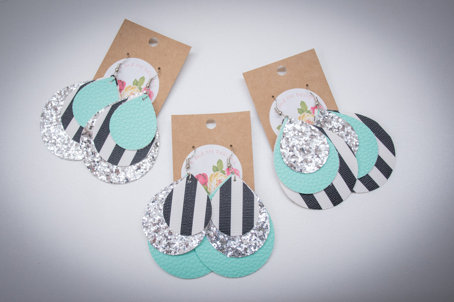 Faux Leather Earring Silver Glitter, Black/White Stripe & Teal Teardrop Design