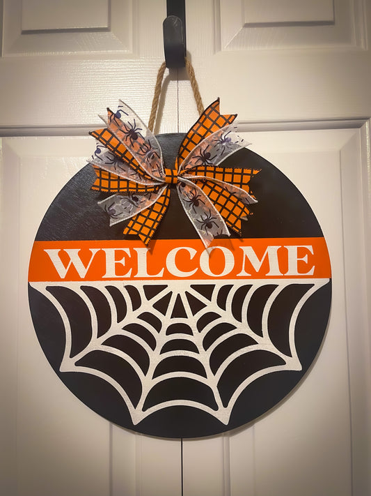 Welcome Spider Web Halloween Wood Door Hanger