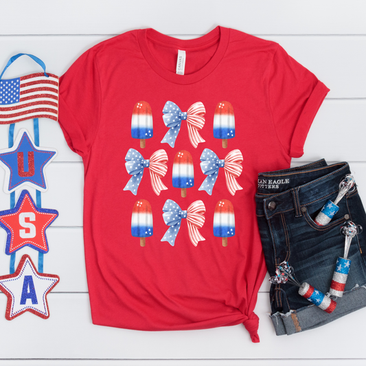 Patriotic Popsicle & Bow Short Sleeve Graphic Tee