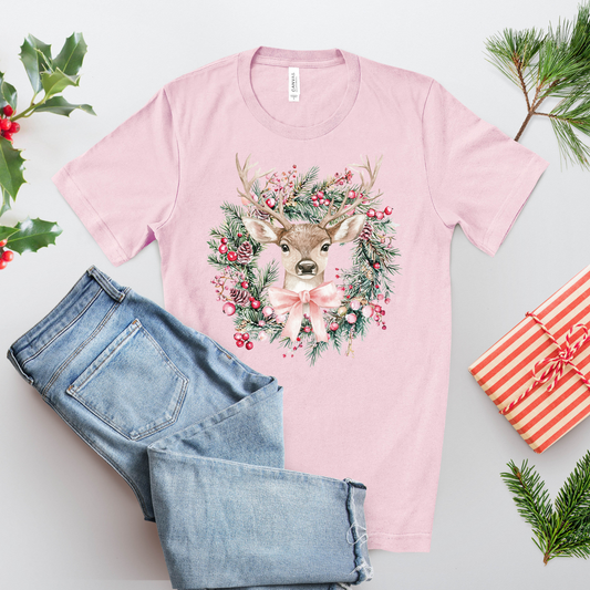 Christmas Deer Wreath T-Shirt – Cute Holiday Reindeer Tee with Festive Bow & Berries