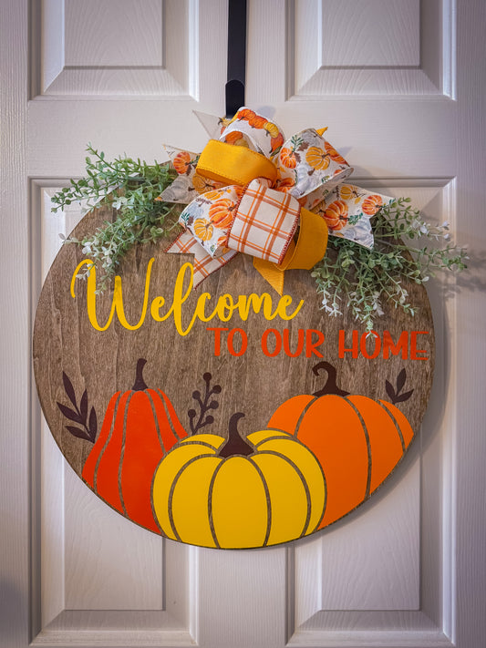 Welcome to Our Home Pumpkins Wood Door Hanger